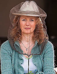 Sarah Dacre with her EMF protective headdress